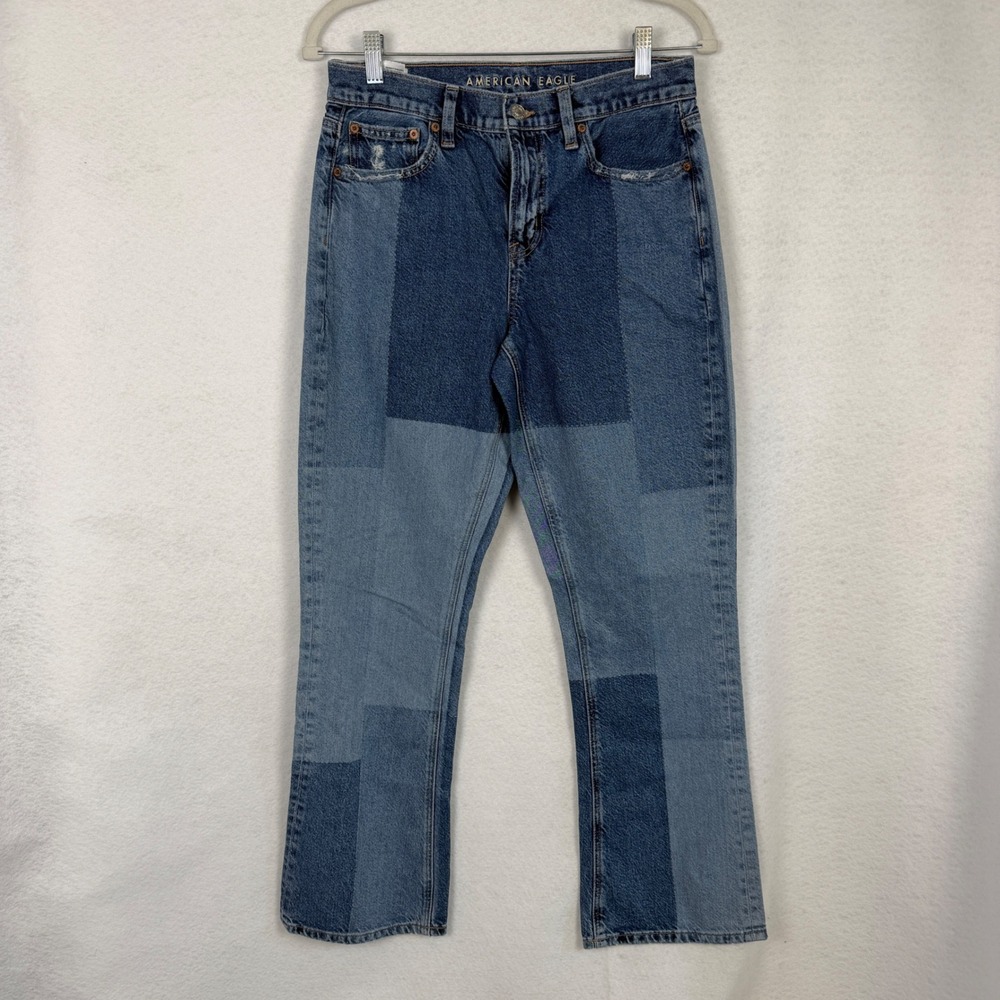 American Eagle 90s Bootcut Jeans Womens 4 Patchwork Multi Blue Denim Grunge - Picture 2 of 11